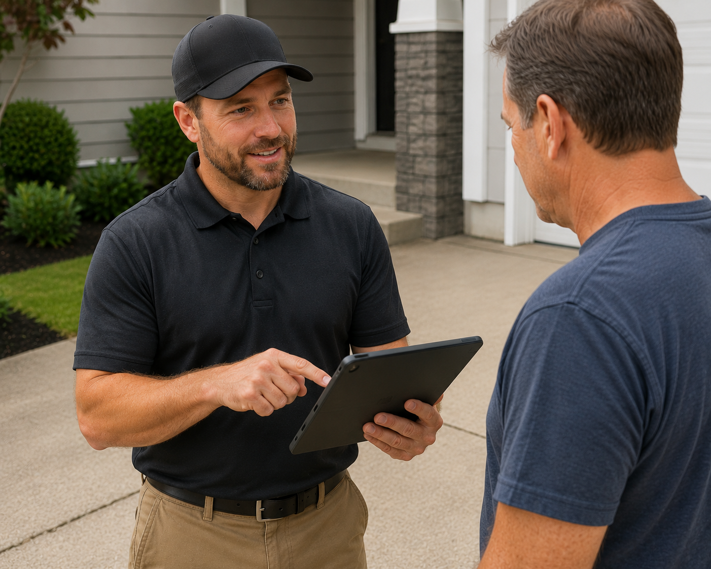 A contractor reviews an on-site estimate with a homeowner in the driveway