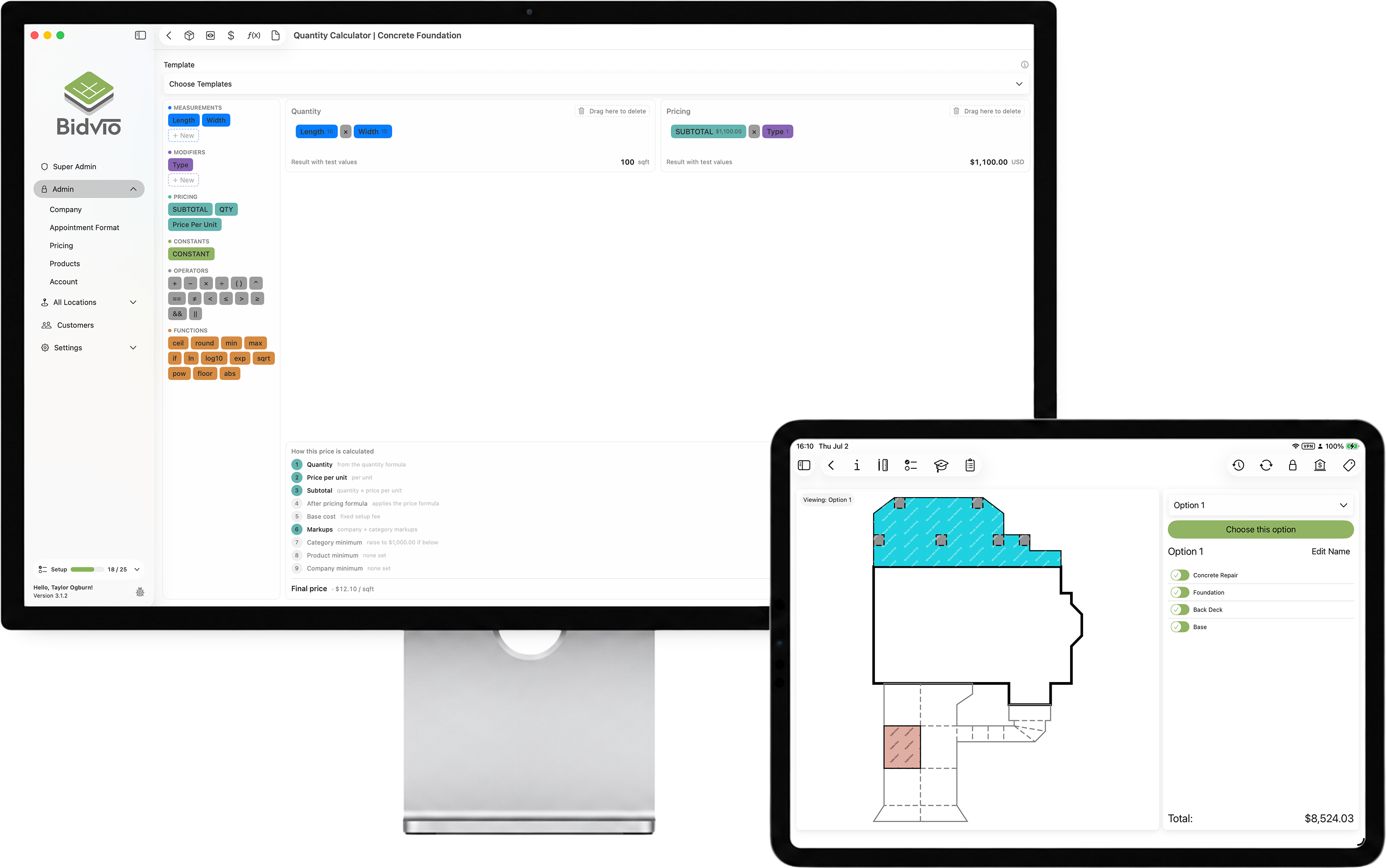 Bidvio field estimate on one record — sketch, pricing, and contract together